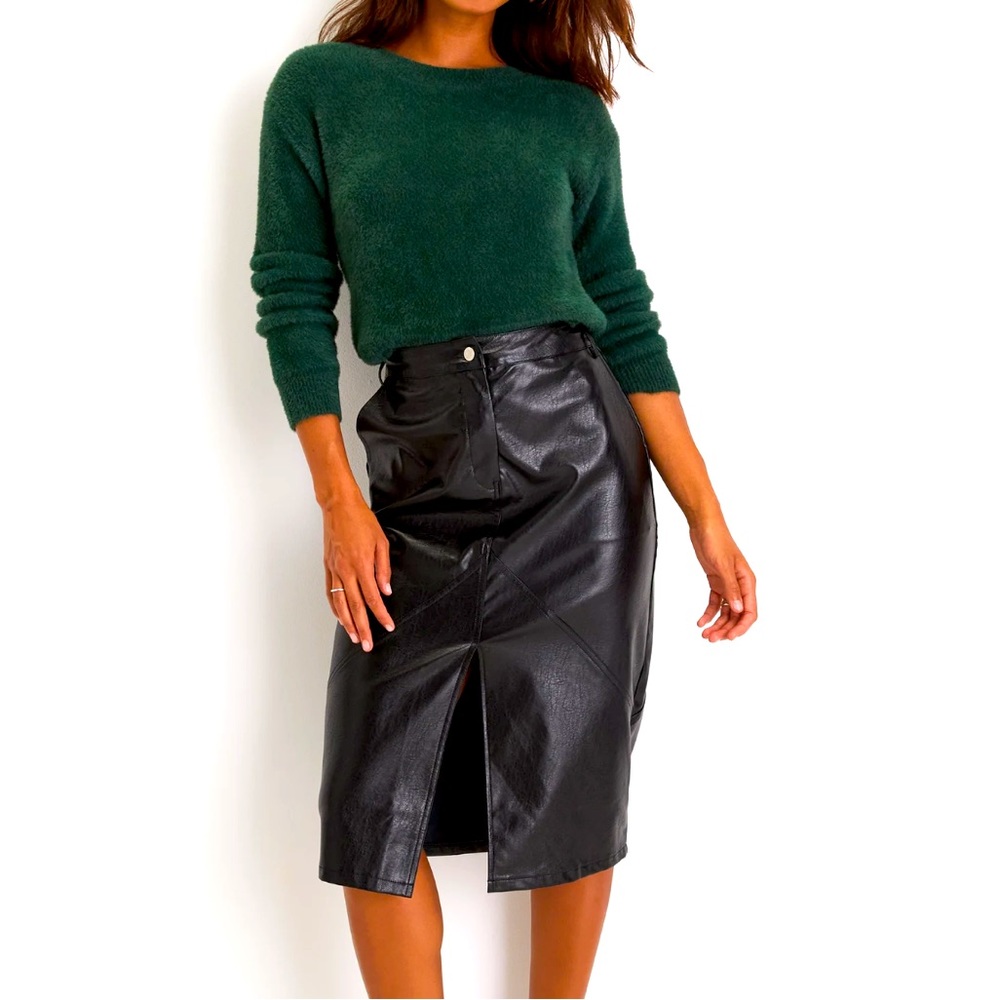 Vegan Leather High-Rise Midi Skirt
